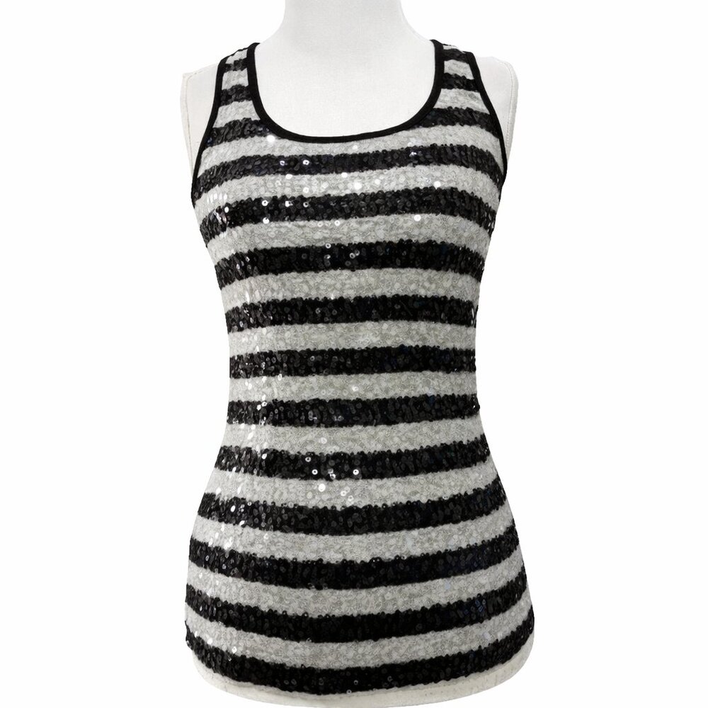 Old Navy Sexy Black & Gray Striped Sequin Tank Top Glam Layering Top Small S